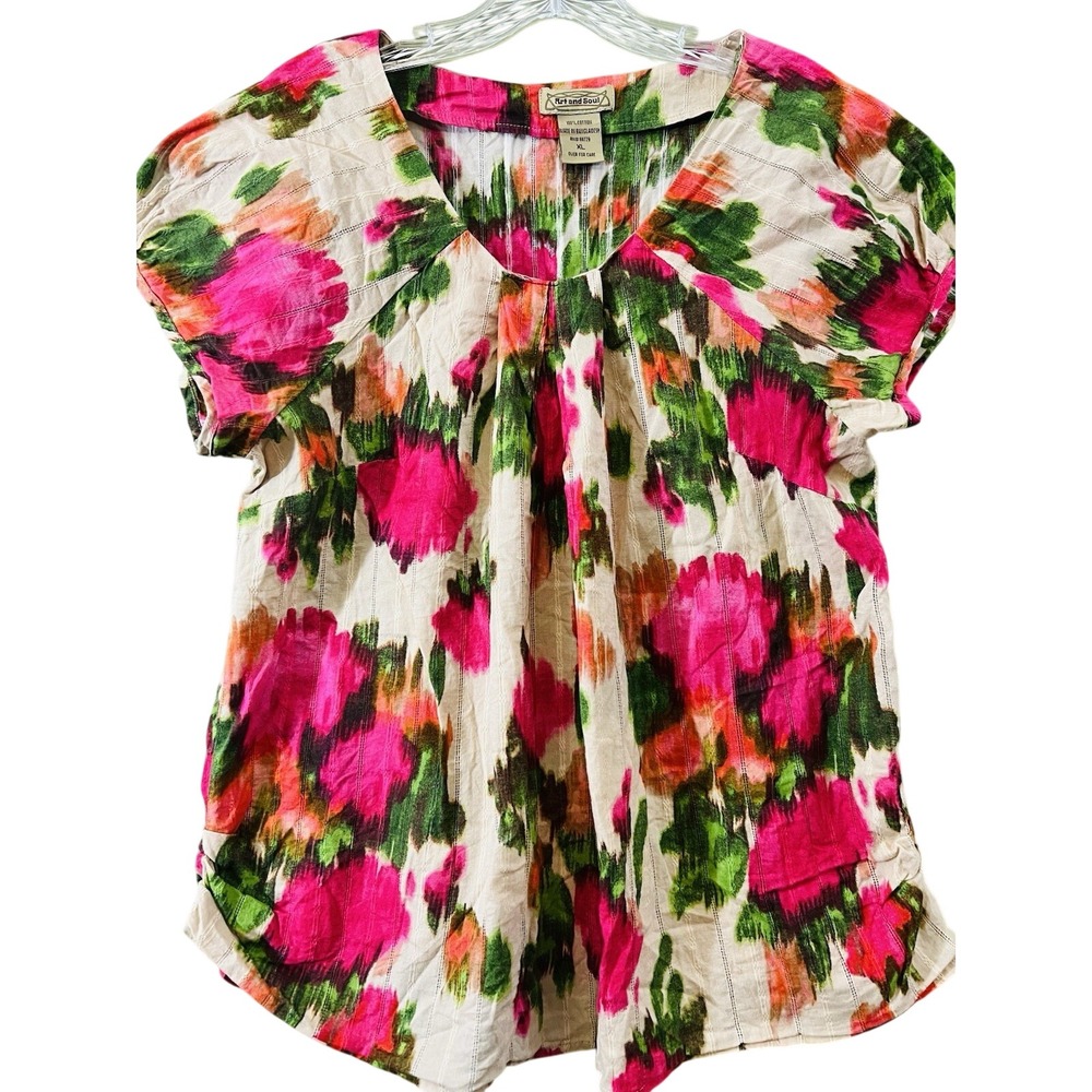 ART & SOUL 100% COTTON BOHO PEASANT MULTICOLOR FLOWERS  TOP Size XL